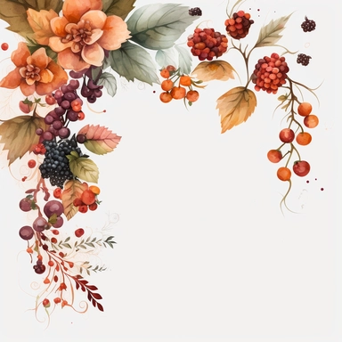 watercolor dusty red floral in the far bottom left corner and far top right coner only, and blackberries in the far bottom left left corner and far up right corner only, clipart, orange, white background, no text