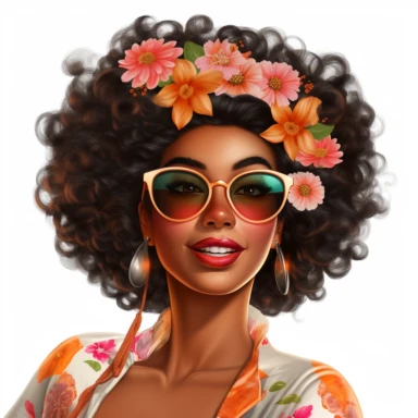 face of a beautiful black girl from the 50s, stunned, afro hairstyle, sunglasses loosely on her nose, makeup in warm vibrant colors, she looks smiling at her face with a finger as if advertising her makeup, Pixar style, clipart, white background,--v 5