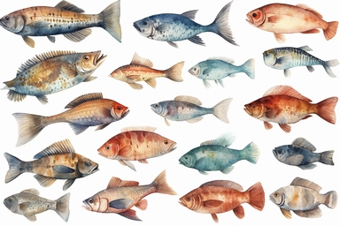 watercolor fried fish clipart, hd, on white background, spaced out