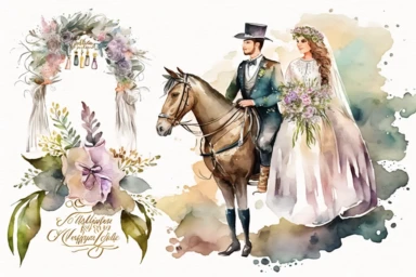 Watercolor clipart, The bride and groom on horseback