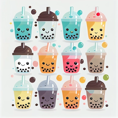 beautiful tiny happy face kawaii boba in various flavors and types, clipart collection, white background, many tiny