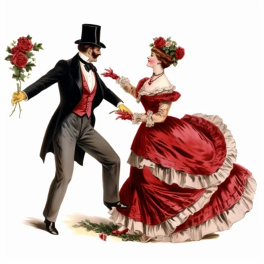 a victorian man dancing with a victorian lady clipart red rose white background q2