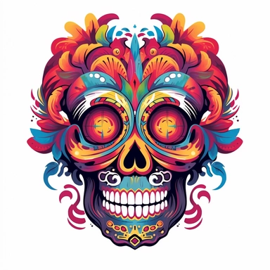 isolated flat clipart on a white background of a spooky day of dead themed voodoo mask tshirt design graphic, in the style of daniel f. gerhartz, transcendent, nikon d850, art of burma, captures the essence of nature, in the style of organic forms and patterns, expansive skies, hyper-detailed illustrations, i can't believe how beautiful this is, lively colors