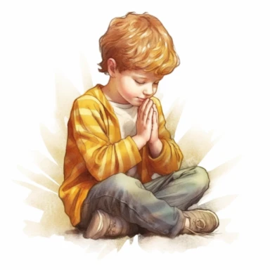Child praying on his knees, light shinning above him, Watercolor style, clipart solid white backgroung