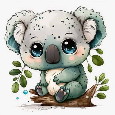 The most cutest cartoon baby koala with big open eyes, on a planet clipart, planets, watercolor, dream art, baby animals, vector art, children art, particles around the object, children cartoon, sticker art design, white background,