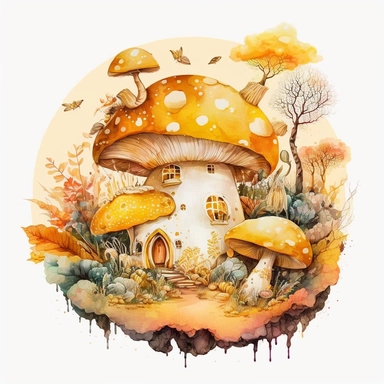 Watercolour yellow, orange Magic Mystical Mushroom clipart with white background cottage surrounded by fruits and front garden, with yellow buttlerflys