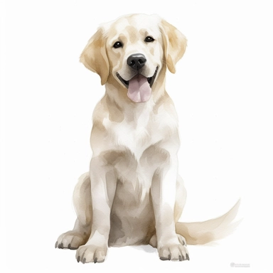Create a watercolor illustration of a friendly Golden Labrador with a short, smooth golden coat and floppy ears. The minimalist style should feature the full body, including expressive eyes, a wagging tail, and a playful tongue. Perfect for adding warmth and love to children's books or other design projects. watercolor whole doodle dog white and grey, super cute and happy, curly hair, big and bright eyes, clipart, simplified cartoon dog character, anime dog, simple shapes, minimalist, no outline