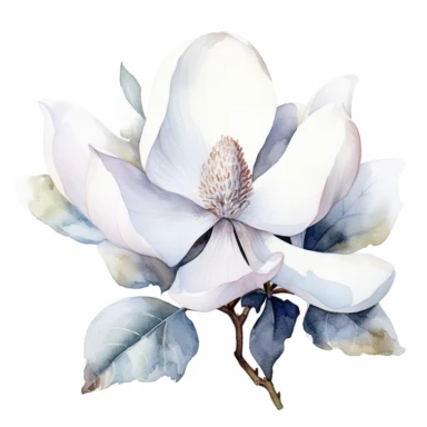 clipart magnolia, watercolor, white background, silver sequins