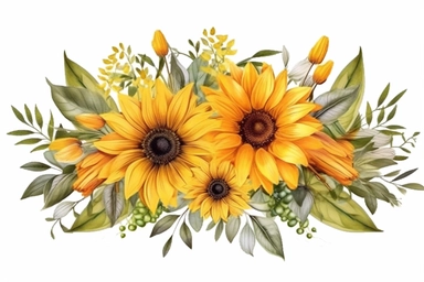 Sunflower and eucalyptus leaves bouquet. Watercolor floral clipart. Yellow flowers for rustic wedding design, thanksgiving decoration, fabric, greeting cards. Isolated on transparent background