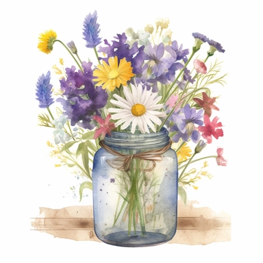 Create a watercolor clipart showcasing a whimsical arrangement of wildflowers in a rustic mason jar vase. The wildflowers can include daisies, lavender, and cornflowers, with each flower having distinct brushstrokes and textures. The colors should be bright and cheerful, evoking a sense of natural beauty and simplicity.