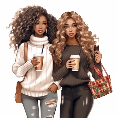christmas african american best friends long curly hair clipart girlfriends,full body, fashion, pretty face. holding Chanel purse and Starbucks coffee illustration