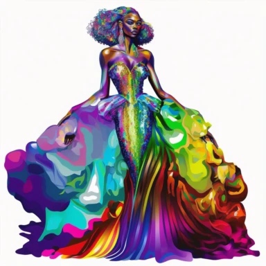 full length clipart design, african american lady, superstar in long avant garde dress, irredescent color, Met Gala style, haute couture, lisa frank