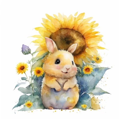 Watercolor sunflower Clipart, happy bunny looking at the camera, sunflower, white background