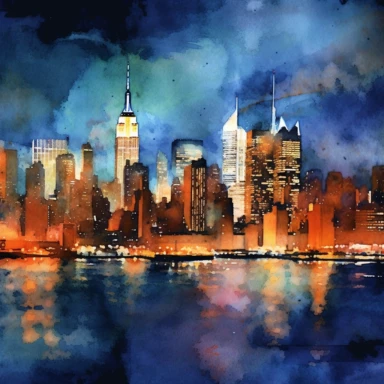 watercolor, clipart, image of the New York Skyline at night AR 3:2