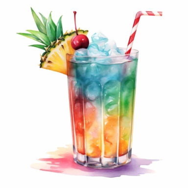 watercolour cocktail, clipart, white background, realistic, rainbow paradise cocktail, hurricane cocktail glass, with straw, pineapple garnish, cherry garnish