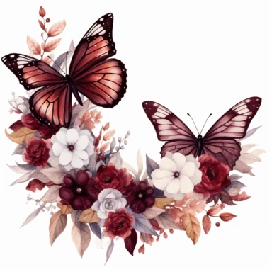 maroon butterfly on a flower border clipart, white background, watercolor, vector