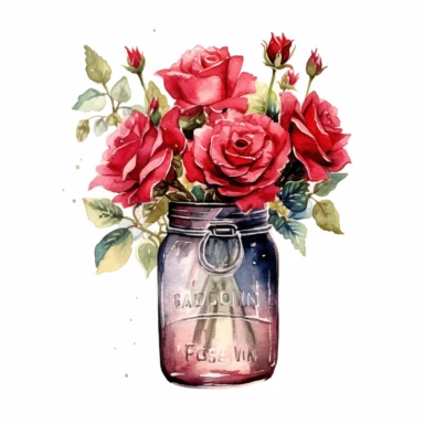 red roses, in mason jar, detailed, clip art, aquarelle