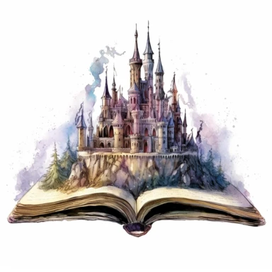 a meticulously crafted watercolor dark castle fantasy open book clipart, as the pages unfurl to reveal a haunting castle, capturing the essence of a world where shadows dance and secrets lie in wait, fairytale, 8k, Whimsical, white background
