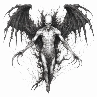 an intricate full-body ink drawing of a scary human demon with no face, pencil shading, black and white, white background, clipart