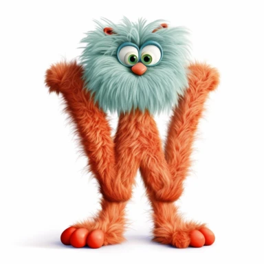 clipart style letter W, Dr. Suess fluffy style with arms, legs and friendly cute face for children