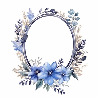watercolor clipart of a empty suttle dainty floral oval frame surrounded by dusty blue color flowers. Capture the essence of blooming beauty and intricate details in your artwork, white background
