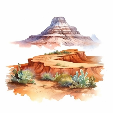 Hyperrealistic watercolor mesa and butte clipart in desert with some small shrubs in sight