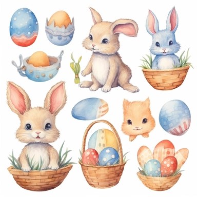 watercolor, cute set of easter eggs, baby rabbit, eggs, basket with eggs, stickers, clipart on white background, pastel colors, pencil textures, with a white background