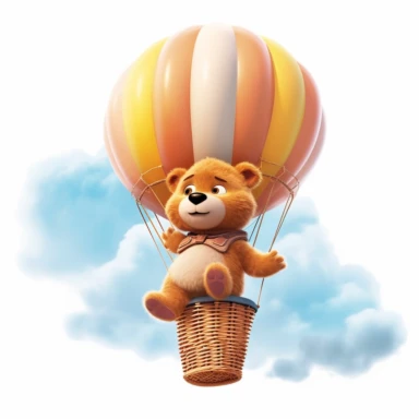 cute Pixar Animation Teddy Bear sitting on top of a hot air balloon in the clouds, clipart, white background
