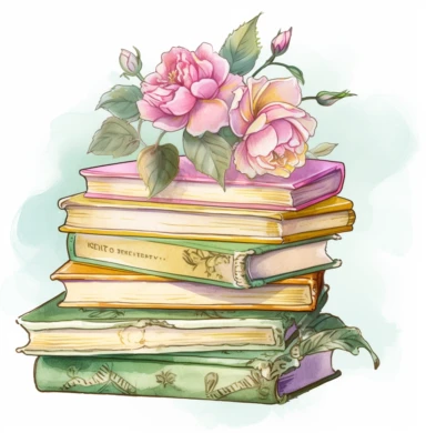 stacked books digital art, watercolor hand drawn clip art, coloured pencil, clip art, clipart, watercolor, clipart,, in the style of intricate, delicate flower and garden paintings, classical motifs and themes, light magenta and light green, embossed gold leaf, ferrania p30, adventure themed, english major