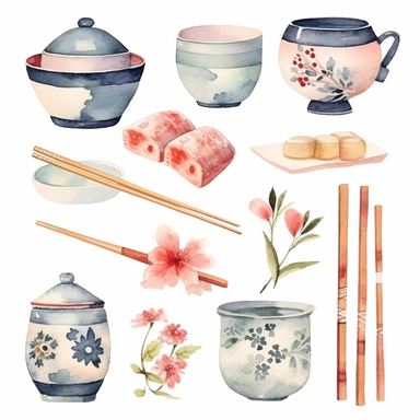 Watercolor 반찬, illustrations clipart set, simple, soft colors, cartoon elements, different variants,, porcelain elements, chopsticks , separate elements with a margin