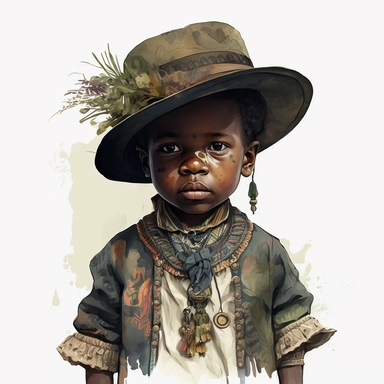 boho little boy,big eyes, voodoo doctor, African,tall hat, pose, body, very detailed and realistic, watercolor, clipart style