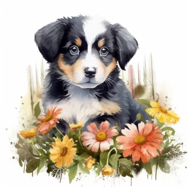 An intricately detailed watercolor clipart illustration displaying an ultra-realistic [specific design idea, like Adorable cute beby Appenzeller Sennenkhund, grass and flowers on the back of the puppy  ], isolated on a white background, in the style of ultra-detailed watercolor clipart illustrations, HDR watercolor clipart illustrations, 32K watercolor clipart illustrations, hyperrealistic watercolor clipart illustrations, ultra-intricate watercolor clipart illustrations, high-resolution waterco