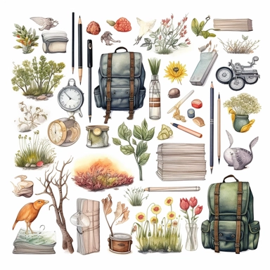 stationery, books, notebooks, pencils, backpacks, folders, globes, computers, and many more, illustrations, clipart, meticulously hand-illustrated, bringing the beauty of nature, white background