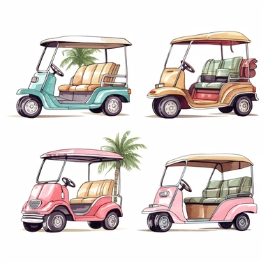 pastel, illustrated golf carts, clipart, isolated on white background, vintage surf style