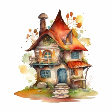 watercolor clipart of a tiny elf house with small details, vibrant colors, magical, mystical, celestial, high quality watercolor image on white background