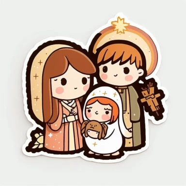 vector sticker design, anime style Christmas nativity clipart, white background, flat colors