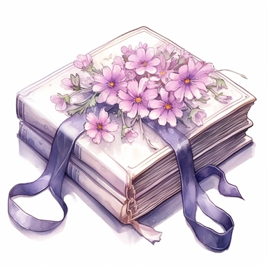watercolor, hyper realistic, white background, white margins, 16k, ultra detailed clipart, cut out image, hand-drawn, whimsical manhwa style, ultra HD, sharp and clean art a book with a floral cover in shades of pink and purple, with a ribbon bookmark and a few scattered flowers around it