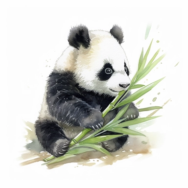 Create a highly detailed watercolor-style clipart of a cute baby panda delicately nibbling on a bamboo shoot, against a pristine white background. Use intricate brushstrokes and a meticulous approach to capture the precise features of the panda and the bamboo. Employ a rich color palette, combining shades of black, white, and subtle hints of green, to bring depth and realism to the artwork. Pay special attention to the panda's fluffy fur, using fine, textured brushstrokes to create a sense of so