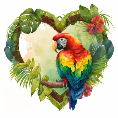 parrot in a jungle heart frame, watercolor clipart, detailed, splashed, HD