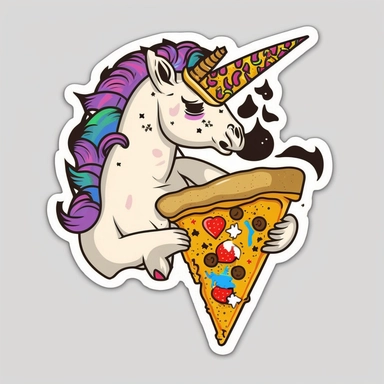 Unicorn eating pizza, comic book , flat looking warm colors, sticker, clipart, white background, //v5
