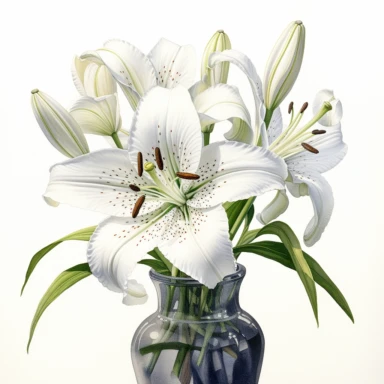 A highly detailed watercolor and pencil drawing of a clipart of white Lily gracefully showcased in a vase on a isolated white background,, The flower is meticulously rendered, capturing the intricate details of its petals, stamen, and sepals. The combination of watercolor and pencil techniques adds depth and dimension to the drawing, with the watercolor providing soft washes of color and the pencil adding fine lines and delicate shading. The drawing highlights the flower's elegant structure,emph