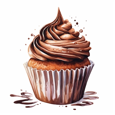 clipart of a cupcake with dark chocolate, white background, watercolor, high details, crisp details