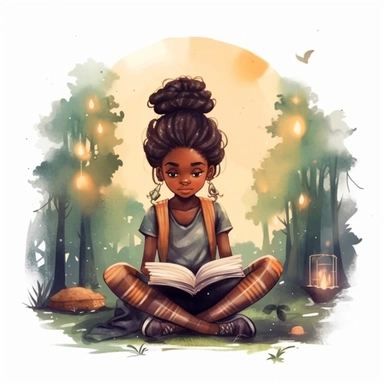 Watercolour Black Girl Reading Clipart, braids, forest library, surronded by fireflies, reading in a fort, Girl Studying Clipart, Book Lover , Student Clipart, Reading Png,Bookworm, hd, white background, spaced out, pastel colors, cartoon realism details--ar 3:2