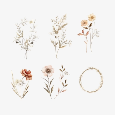 A watercolor Wild Flower Clipart Wreatts neutral colors, flowers are separated one from the other, Boho Minimalist, extremely 4k quality, by Daniprint Etsy store
