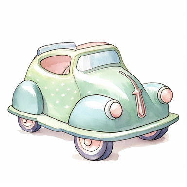 Vintage Hand painted pastel clipart of a pull along toy car in the style of vintage nursery kitsch Lefton, retro midcentury 1950’s, white background, contour