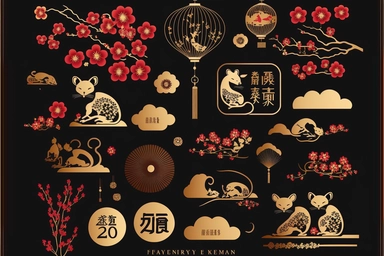 chinese new year design element set rat mouse fireworks cloud lantern flower blossom plum red gold gold coin zodiac signs symbol animal happy 2023 holiday lunar japanese korean vietnamese style traditional geometric text isolated clip art collection bundle silhouette hand-drawn art vector illustration graphic print concept flat line realistic high quality detailed