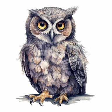 A Cute Happy Owl Sitting.Watercolor hyper-realistic detailed animal illustrations, elegant inking techniques, delicate markings, monochromatic paintings, free brushwork, watercolor illustrations, painted illustrations Clipart, White Background