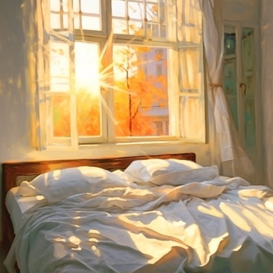 The morning sunlight shines into the window, and there is a bed in the room with oil paintings, White background, Clip Art Style