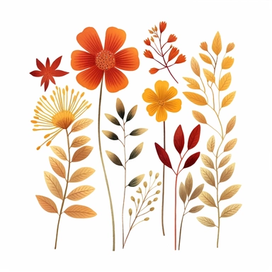 a kimo with an abstract watercolor clipart of vintage red, brown and yellow flowers, on isolated pure white background flowers and foliages should be spread apart, dont centralize stems of plants and spread the foliage out to fit the entire image, thus to reduce large blank spots. format in the style of lucy grossmith, minimalist nature studies, white and amber, mandy disher, detailed botanical illustrations, ready-made, winslow homer