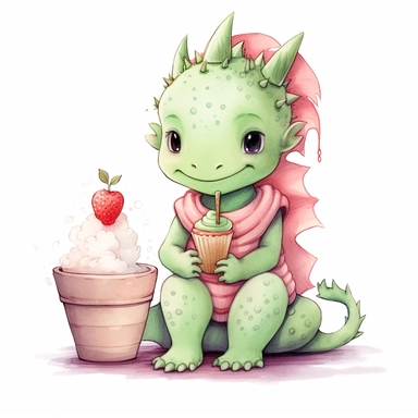 cute funny avocado green girls dragon, red cardigan, milkshake, cute nursery painting, style by Lucy Fleming, watercolor, smooth gradients, black contour outline, ultra detailed, clipart elements, delicate pastel colors, solid white background, super clear, high quality